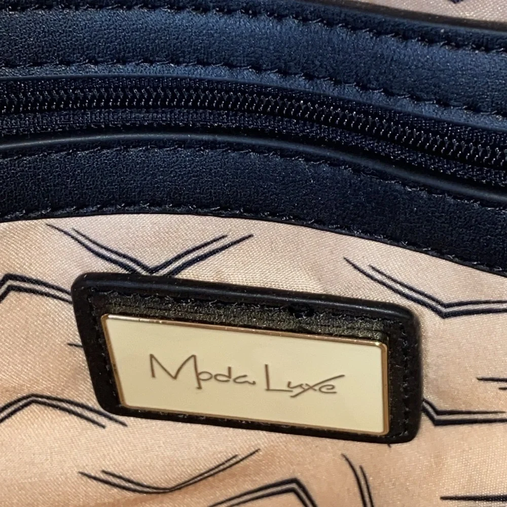 MODA Luxe Trent Backpack Blue Striped Patterned Fabric Faux Leather Travel Bag